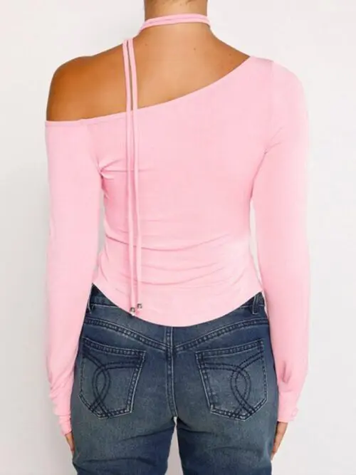 Slanted Shoulder Waist Slit Long Sleeve Slim Hot Girl T-shirt
