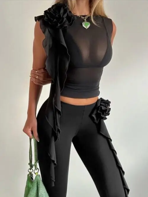 New Fashion Round Neck Mesh T-Shirt with Three-Dimensional Flower Design
