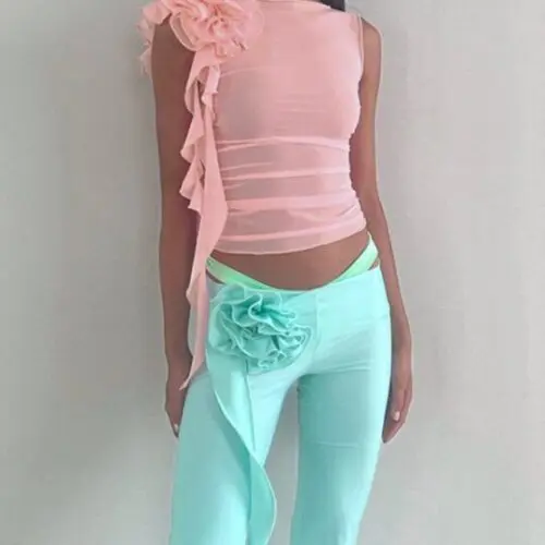 New Fashion Round Neck Mesh T-Shirt with Three-Dimensional Flower Design