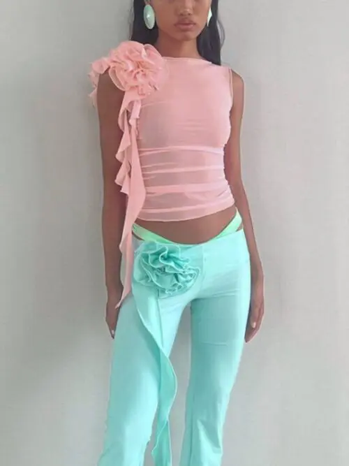 New Fashion Round Neck Mesh T-Shirt with Three-Dimensional Flower Design