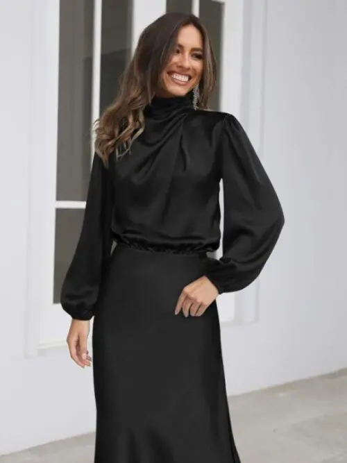 Satin Sophistication | Loose Long Sleeve Dress for Effortless Elegance