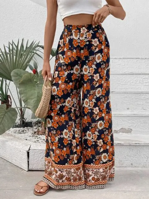 New Floral Fashion Print Wide-Leg Pants