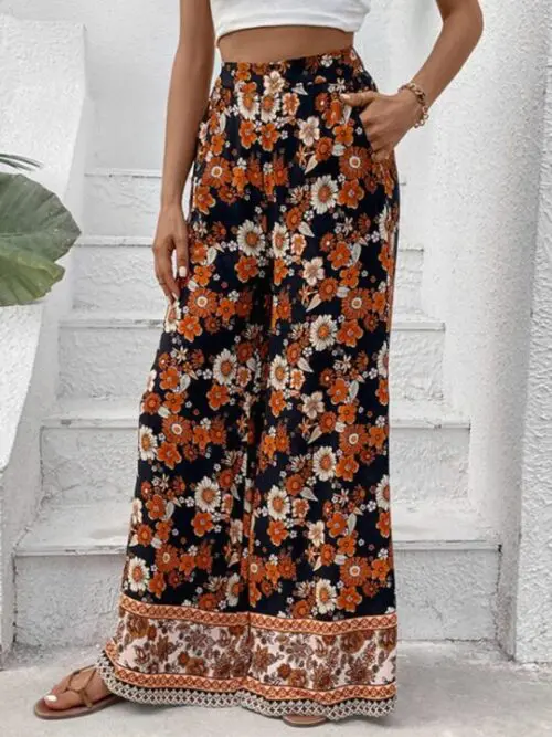New Floral Fashion Print Wide-Leg Pants