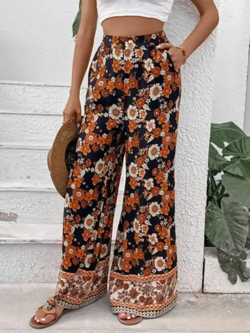 New Floral Fashion Print Wide-Leg Pants