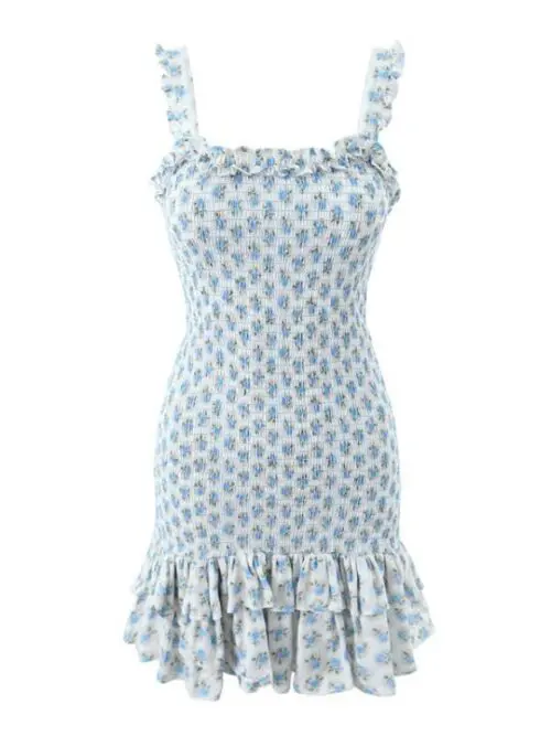 New French Holiday Style Ruffled Cake Layered Dress with Elastic Rose Straps