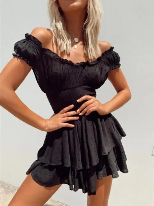Irregular Hem Cake Skirt Dress with Wood Ear Side Pleated Sleeves and Waist