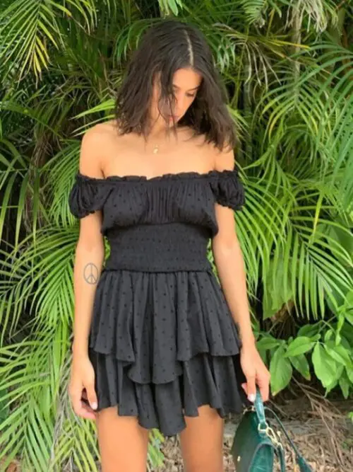 Irregular Hem Cake Skirt Dress with Wood Ear Side Pleated Sleeves and Waist