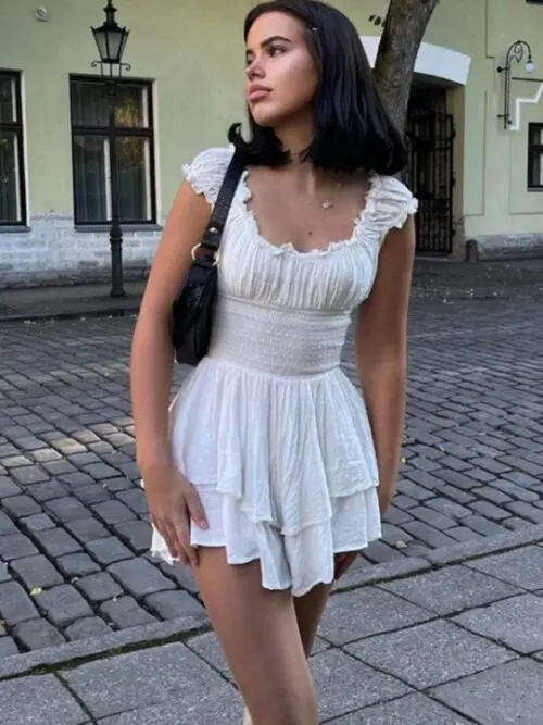 Irregular Hem Cake Skirt Dress with Wood Ear Side Pleated Sleeves and Waist