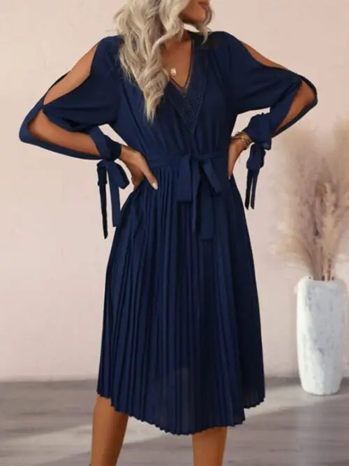 V-Neck Lace Panel Dress with Hollow-Out Long Sleeves - Image 2