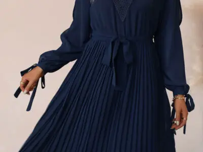 V-Neck Lace Panel Dress with Hollow-Out Long Sleeves