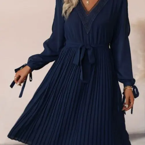 V-Neck Lace Panel Dress with Hollow-Out Long Sleeves