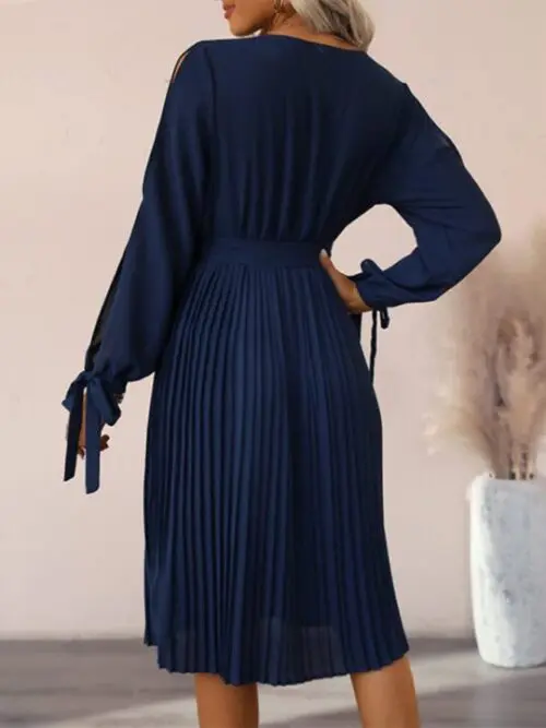 V-Neck Lace Panel Dress with Hollow-Out Long Sleeves - Image 4