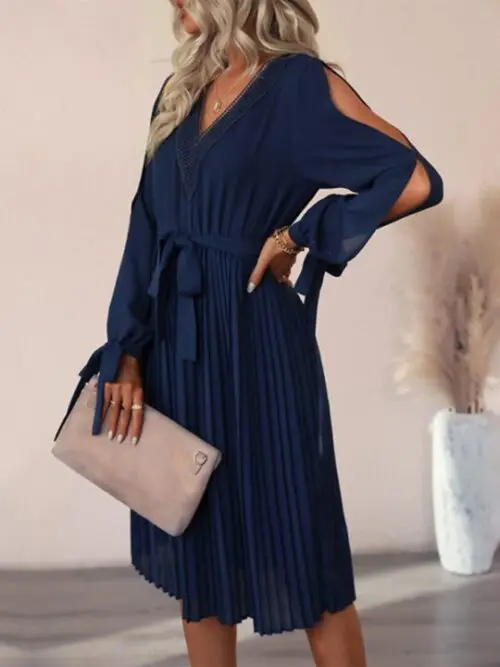 V-Neck Lace Panel Dress with Hollow-Out Long Sleeves - Image 3