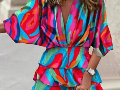 V-Neck Dolman Sleeve Print Dress with Irregular Hem