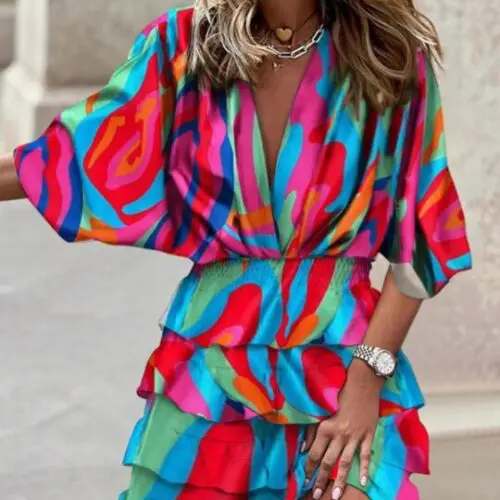 V-Neck Dolman Sleeve Print Dress with Irregular Hem