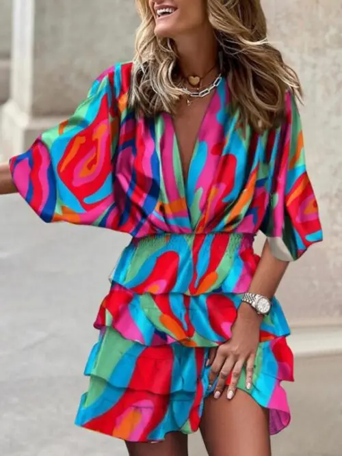 V-Neck Dolman Sleeve Print Dress with Irregular Hem