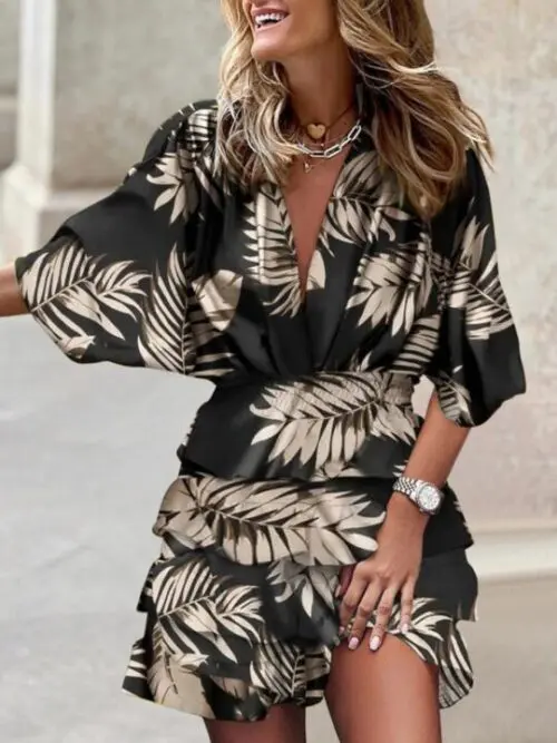 V-Neck Dolman Sleeve Print Dress with Irregular Hem