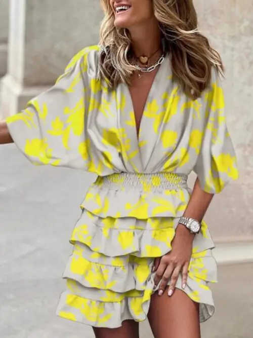 V-Neck Dolman Sleeve Print Dress with Irregular Hem