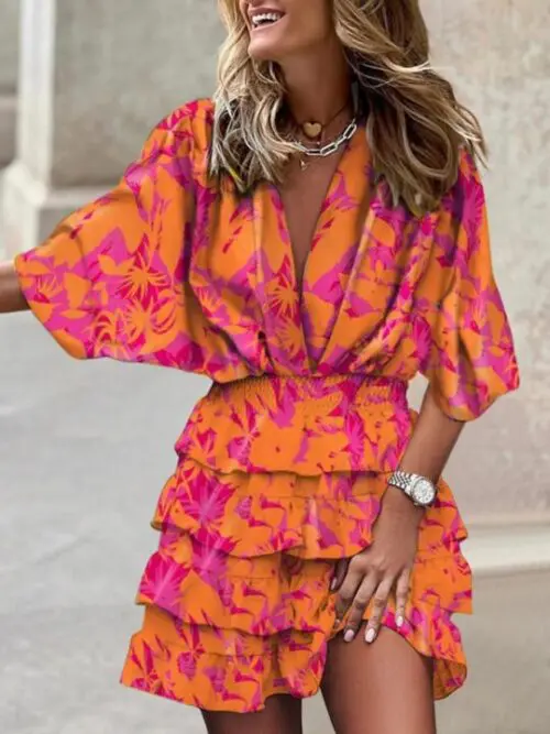 V-Neck Dolman Sleeve Print Dress with Irregular Hem