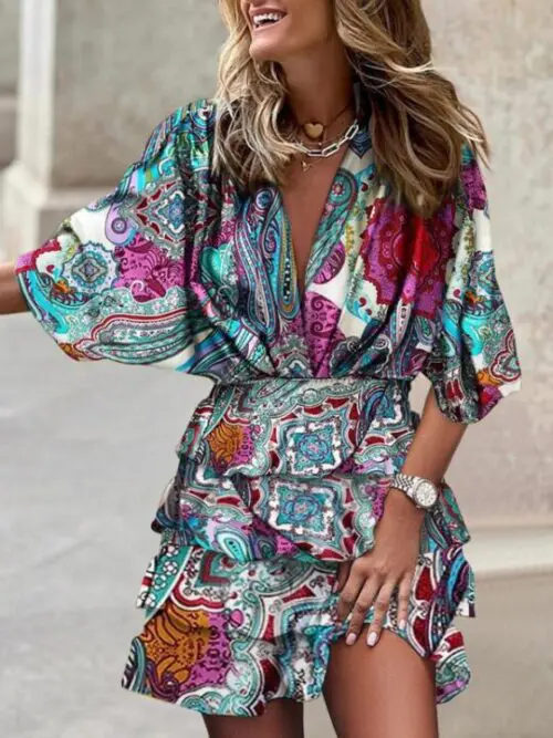 V-Neck Dolman Sleeve Print Dress with Irregular Hem
