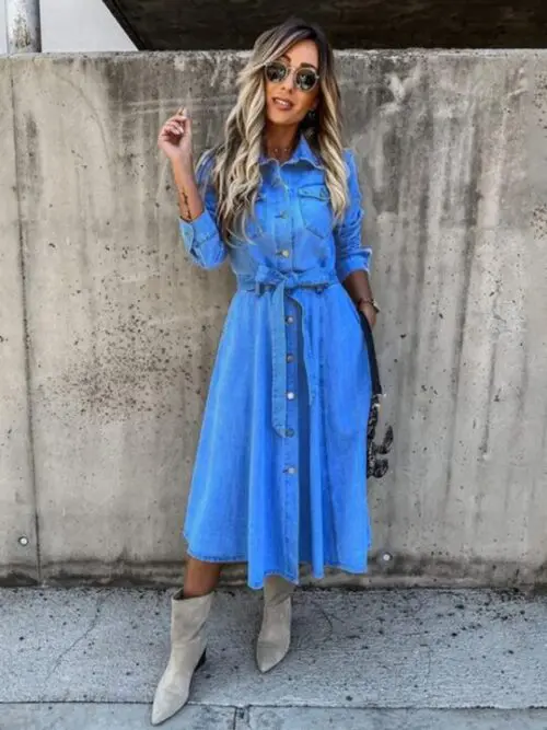 Denim Casual High Waist Pocket Lapel Dress