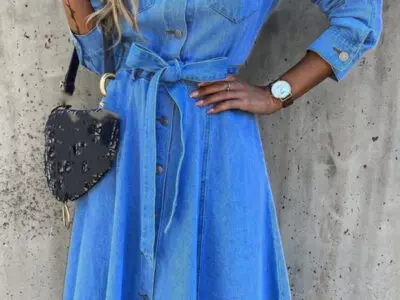 Denim Casual High Waist Pocket Lapel Dress