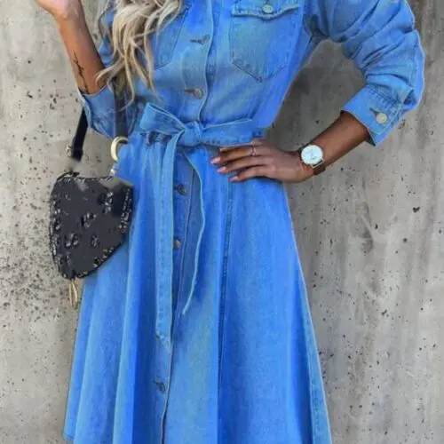 Denim Casual High Waist Pocket Lapel Dress