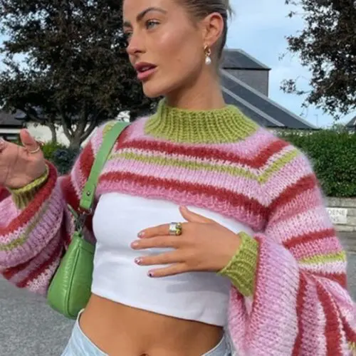 Chic Colorful Striped Knit Sweater/ Short Long-Sleeve Blouse for Effortless Style