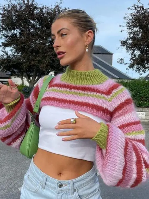 Chic Colorful Striped Knit Sweater/ Short Long-Sleeve Blouse for Effortless Style