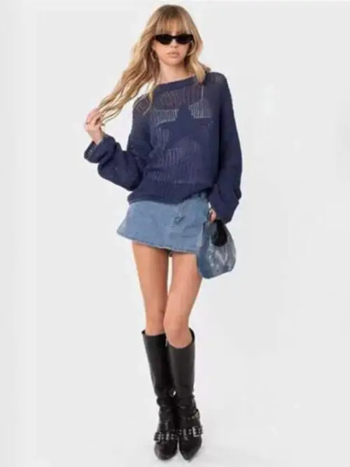 Stylish Hollow Jacquard Long-Sleeve Sweater with Five-Pointed Star Design