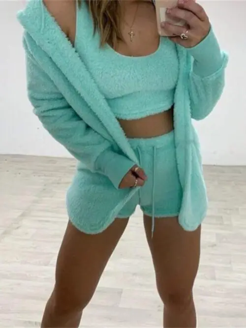 Plush Casual Three-Piece Sports Suit Set / Jacket, Vest, and Shorts