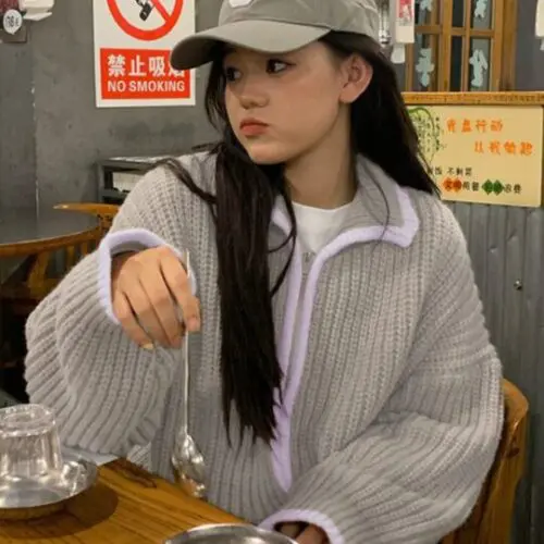 Zipper Lapel Loose-Knit Sweater