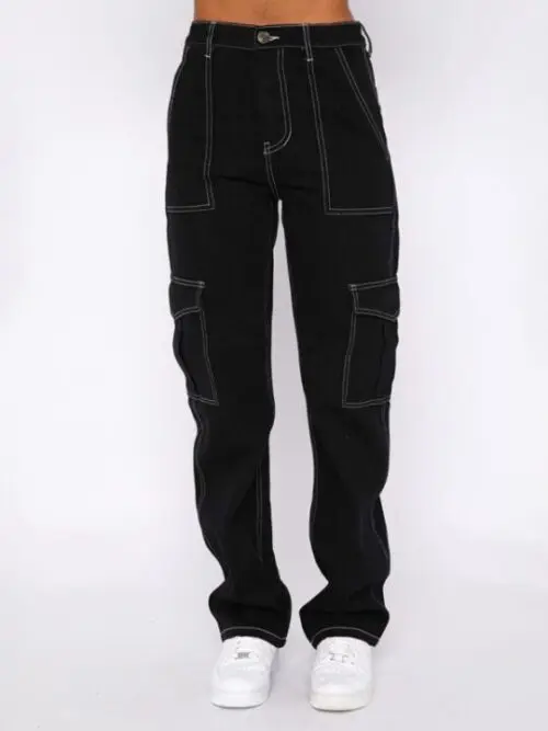 Fashionable patchwork straight multi-pocket overalls