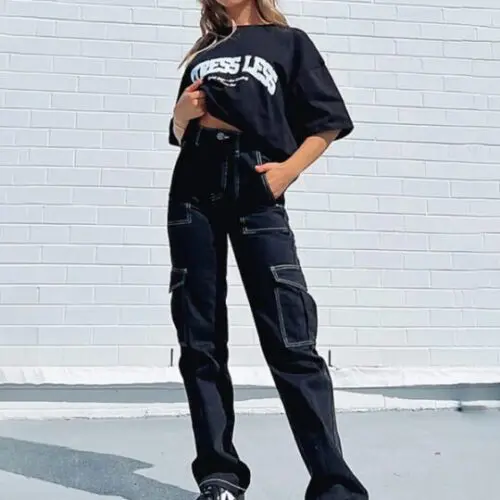 Fashionable patchwork straight multi-pocket overalls