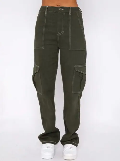 Fashionable patchwork straight multi-pocket overalls