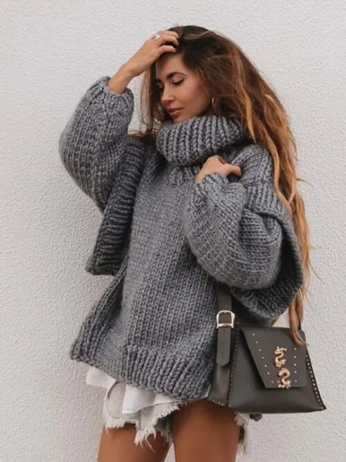 Fluffy Turtleneck Pullover Sweater with Long Sleeves