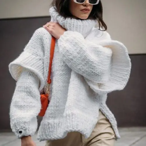 Fluffy Turtleneck Pullover Sweater with Long Sleeves