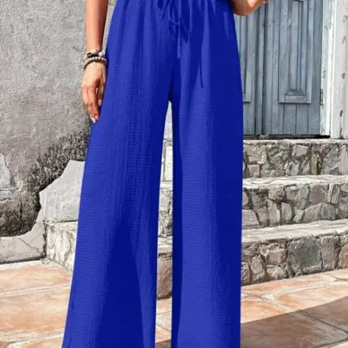 Plaid Wide Leg Pants with Elastic Waist and Puff Accents