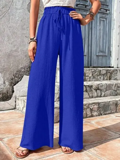 Plaid Wide Leg Pants with Elastic Waist and Puff Accents