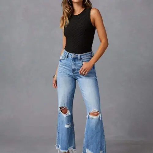 High-Waist Ripped Jeans / Micro-Boom Washed Style