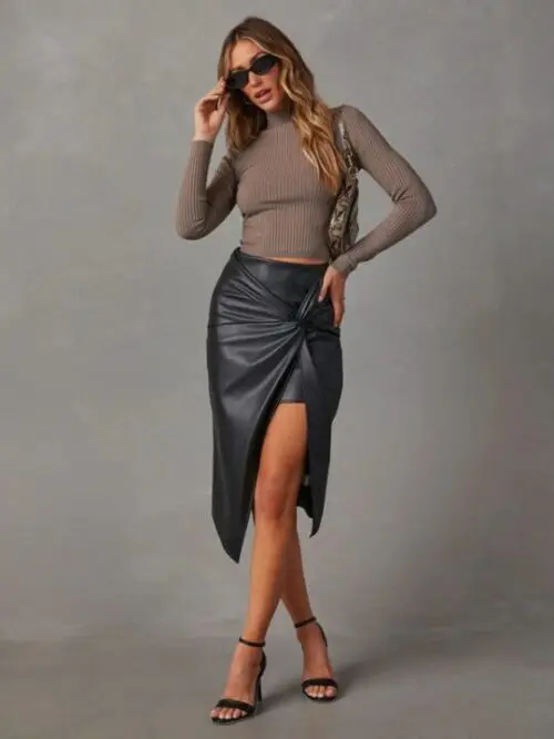 Mid-Length Leather Skirt with Alluring Side Slit