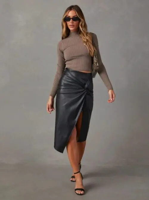 Mid-Length Leather Skirt with Alluring Side Slit