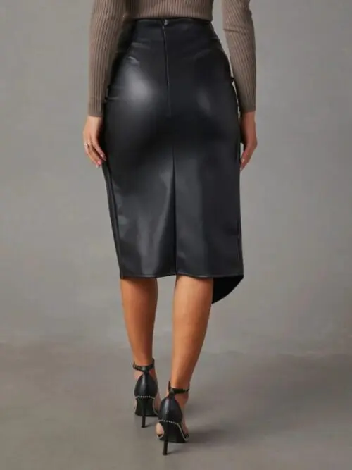 Mid-Length Leather Skirt with Alluring Side Slit