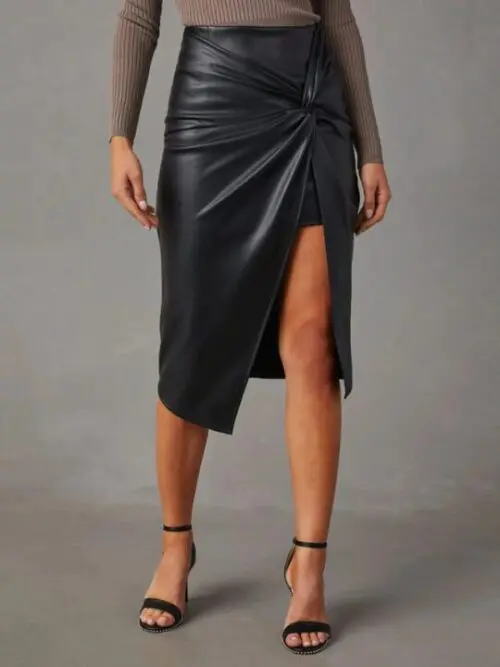 Mid-Length Leather Skirt with Alluring Side Slit