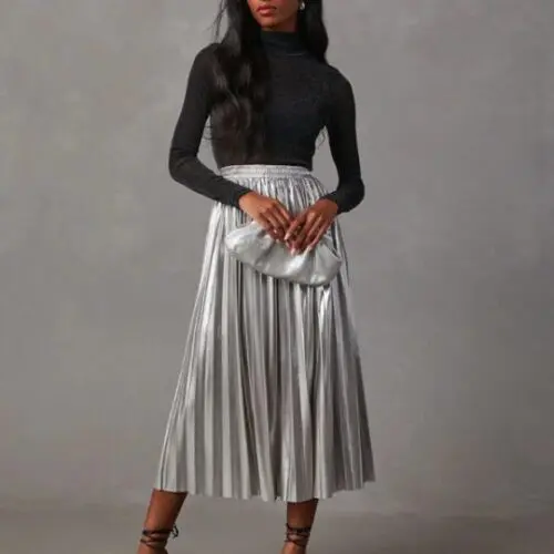 New High-Waisted A-Line Mid-Length Skirt with Shimmering Pleats
