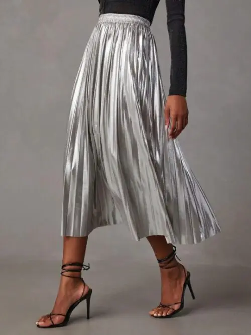 New High-Waisted A-Line Mid-Length Skirt with Shimmering Pleats