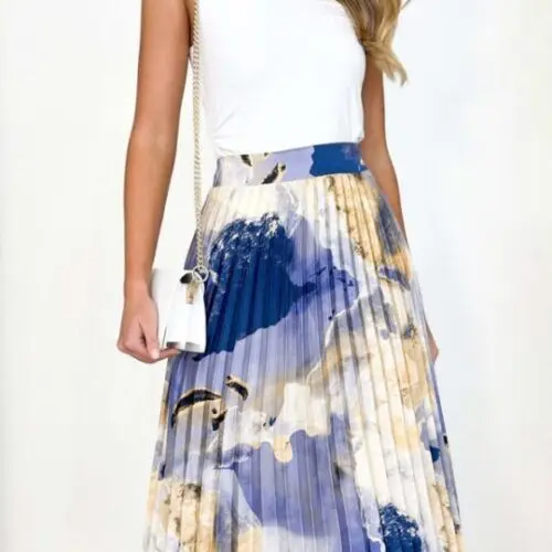 Printed A-Line Pleated Skirt with Elegant Drapery