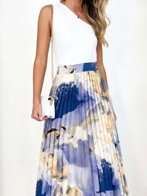 Printed A-Line Pleated Skirt with Elegant Drapery