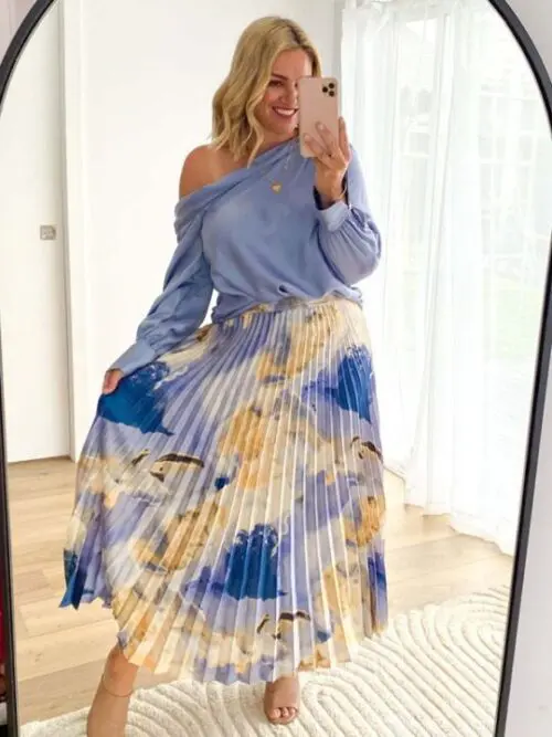 Printed A-Line Pleated Skirt with Elegant Drapery