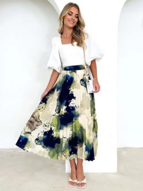 Printed A-Line Pleated Skirt with Elegant Drapery